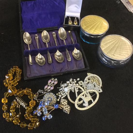 Set of silver spoons, mixed costume jewellery etc